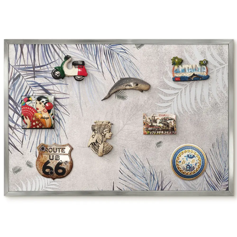 Tableau magnétique encadré motif feuilles de palmier sur fond beige