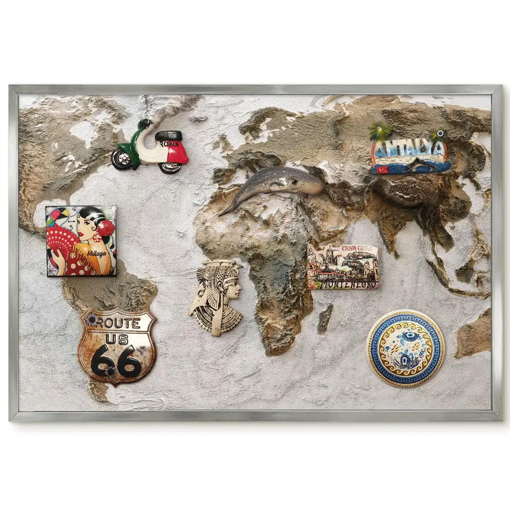 Carte du monde en relief magnétique avec cadre aux couleurs terreuses