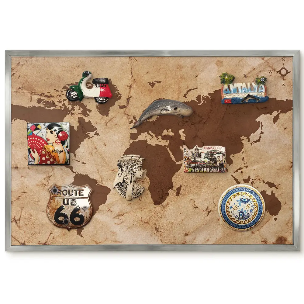 Tableau magnétique encadré carte du monde dans des tons beige et marron