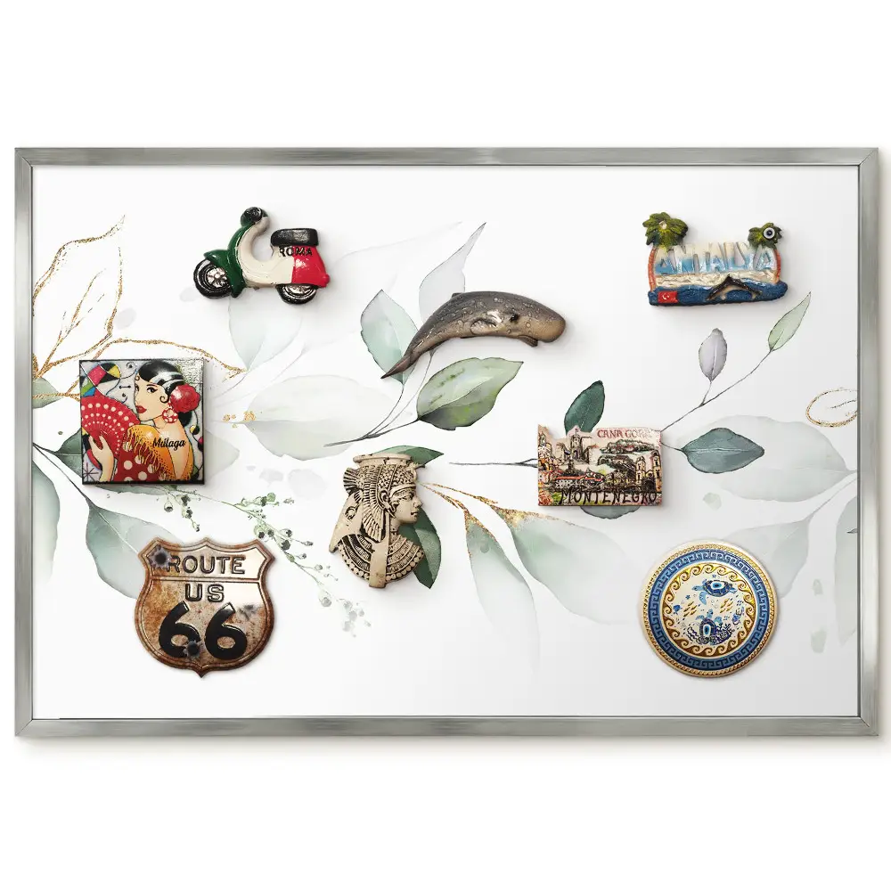 Panneau pour aimants souvenirs à motifs de feuilles aquarelles vertes et grises