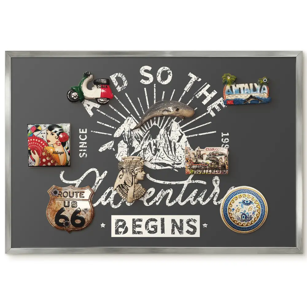 Panneau décoratif pour aimants souvenirs avec motif montagne et lettrage vintage inspirant