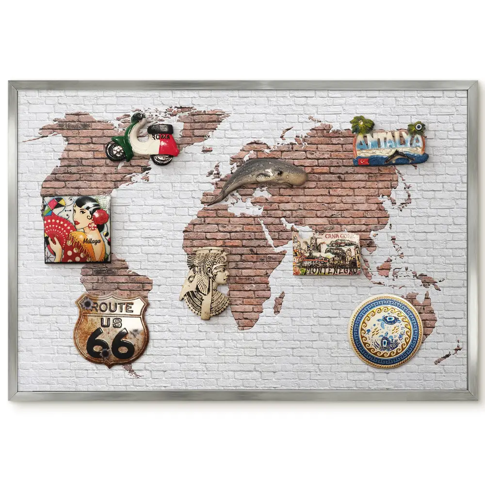 Panneau magnétique décoratif motif carte du monde sur mur de briques