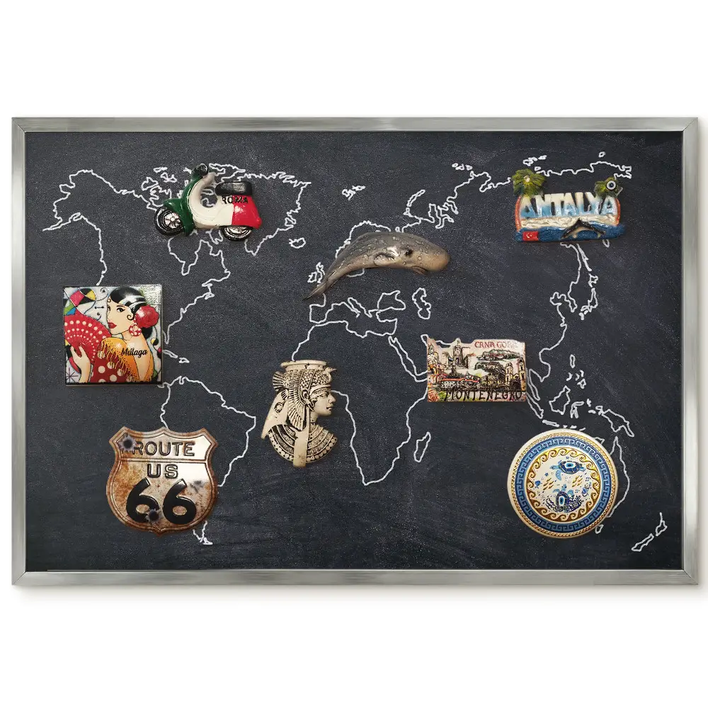 Tableau magnétique encadré carte du monde sur fond sombre
