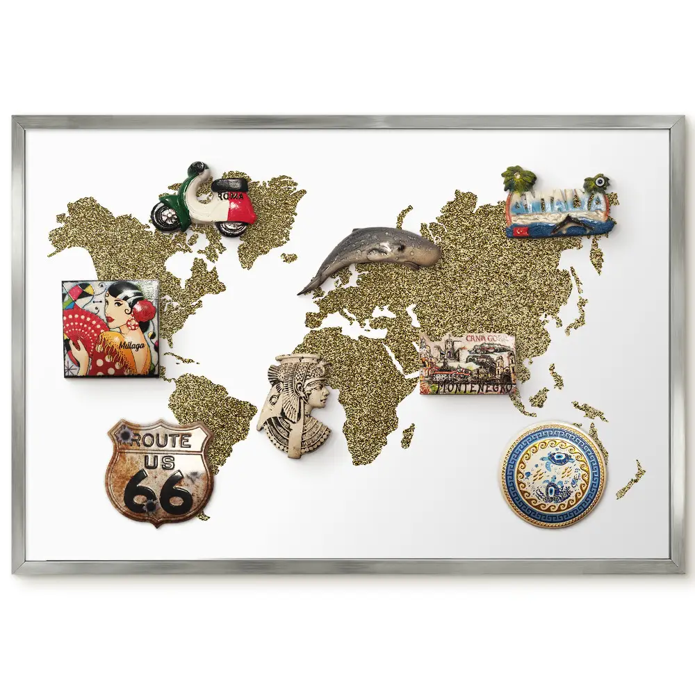 Panneau magnétique décoratif carte du monde avec grains jaunes