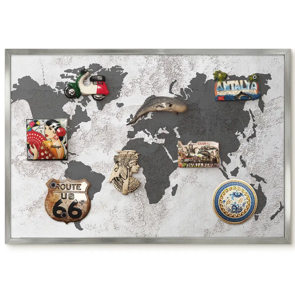 Tableau magnétique encadré Carte du monde avec textures subtiles en arrière-plan