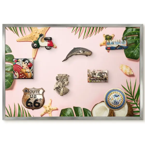Tableau magnétique encadré motif feuilles tropicales et noix de coco sur fond rose