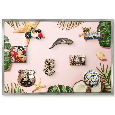 Tableau magnétique encadré motif feuilles tropicales et noix de coco sur fond rose