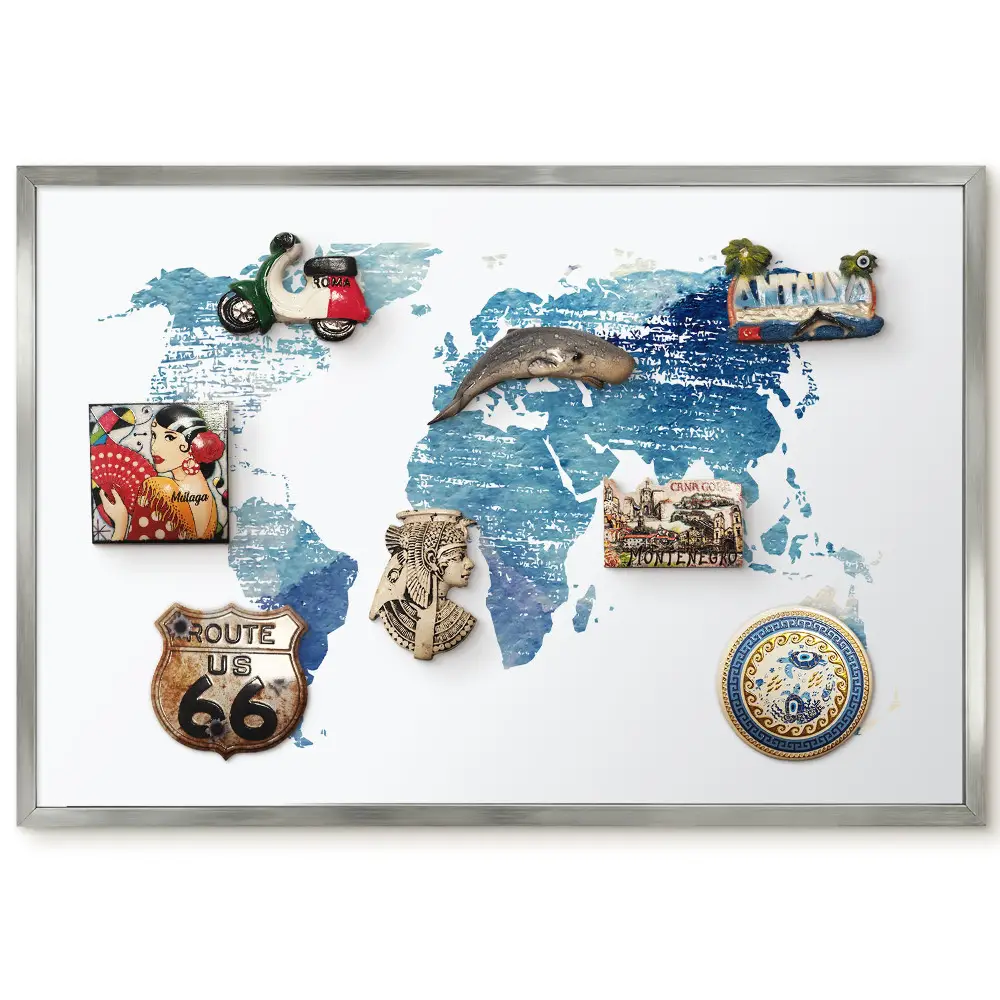 Tableau magnétique carte du monde encadré aquarelle bleue