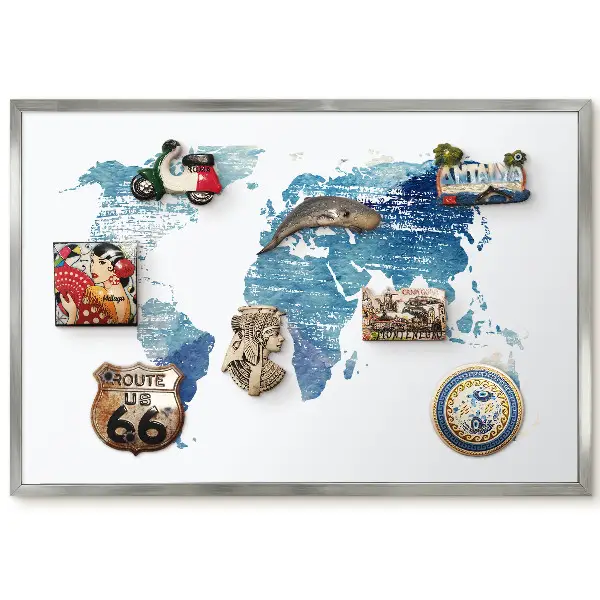 Tableau magnétique carte du monde encadré aquarelle bleue