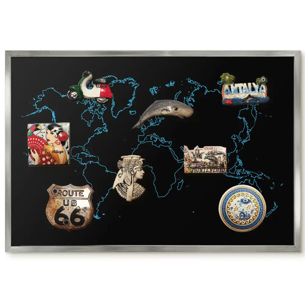 Panneau pour aimants souvenirs avec carte du monde aux contours bleu clair