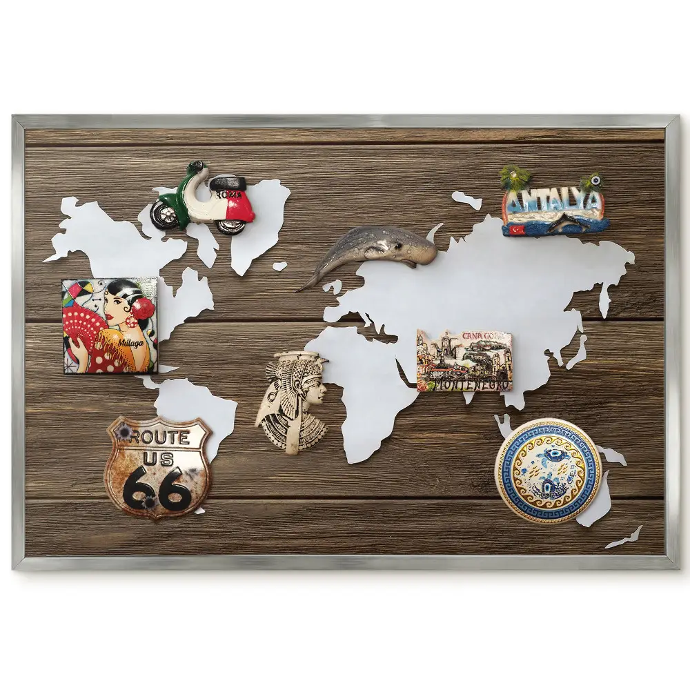 Tableau magnétique carte du monde encadré sur bois contraste blanc chaud