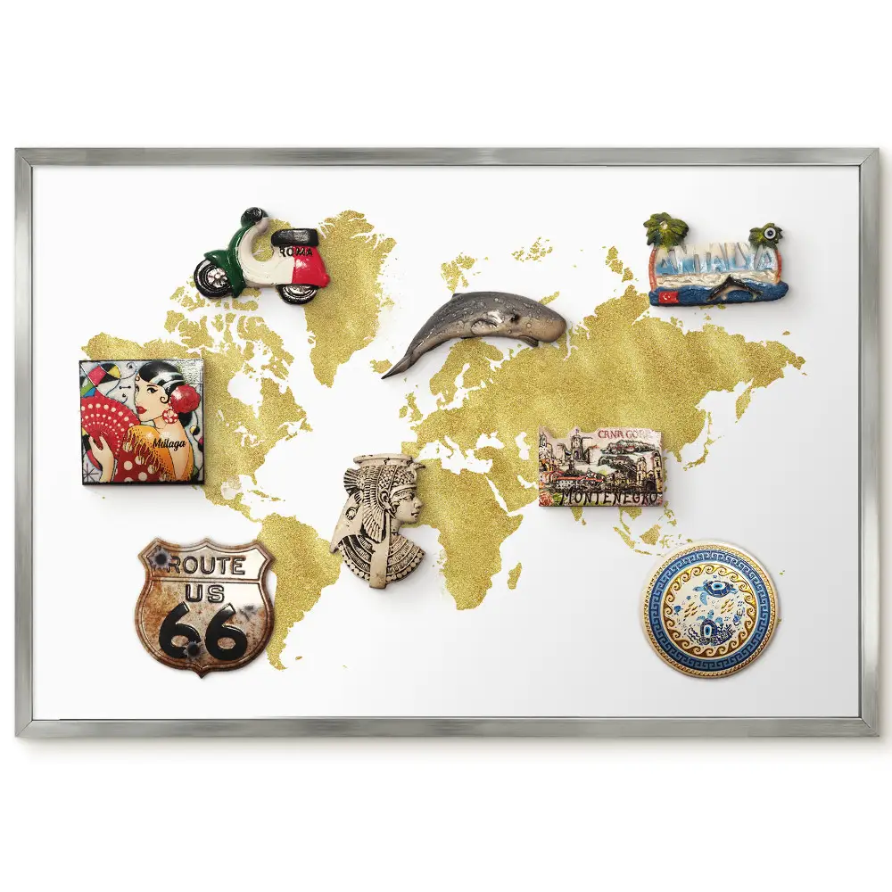 Panneau pour aimants souvenirs motif carte du monde jaune sur fond blanc