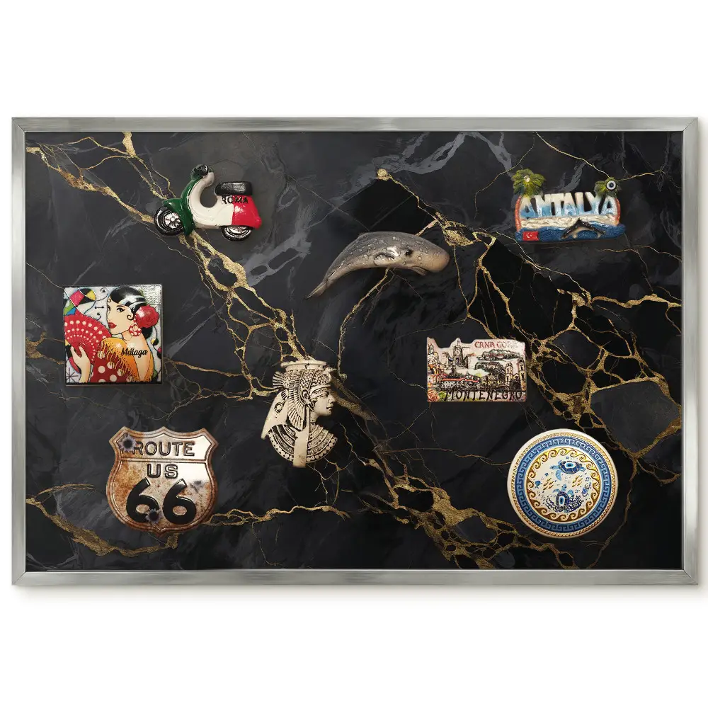 Tableau magnétique encadré à fond sombre avec motifs jaunâtres