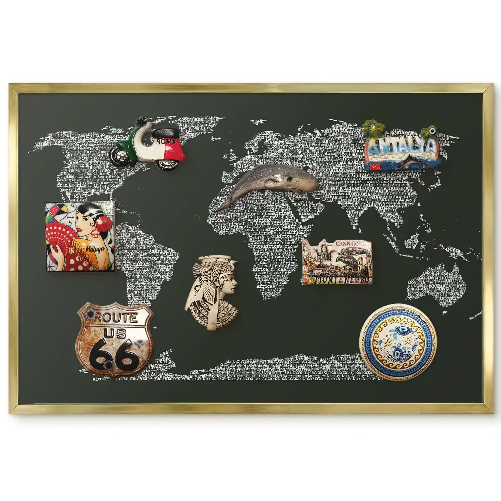 Panneau pour aimants souvenirs avec carte du monde en lettres
