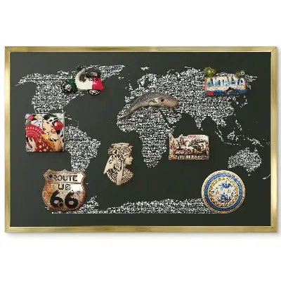 Panneau pour aimants souvenirs avec carte du monde en lettres