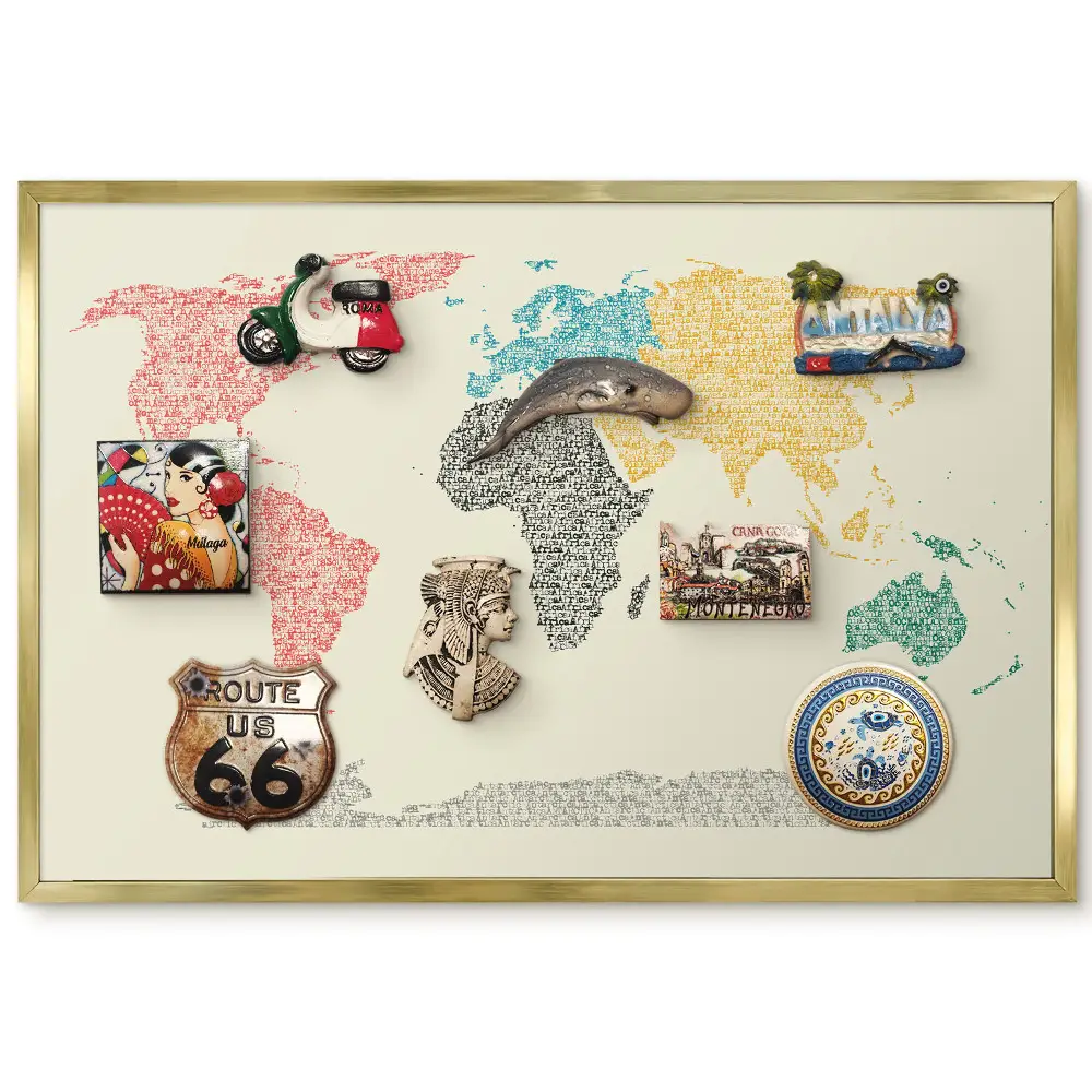 Tableau magnétique encadré représentant une carte du monde colorée formée par des lettres