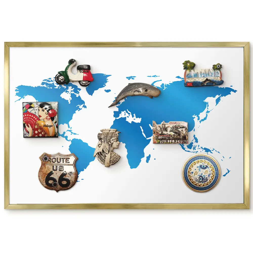 Tableau magnétique carte du monde encadré en nuances de bleu