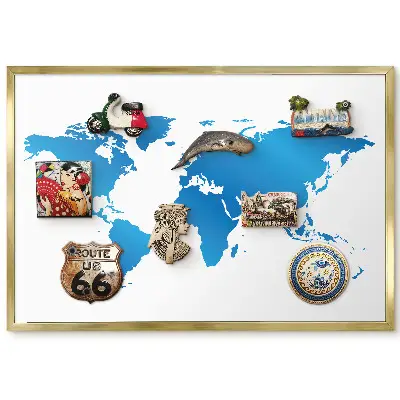 Tableau magnétique carte du monde encadré en nuances de bleu