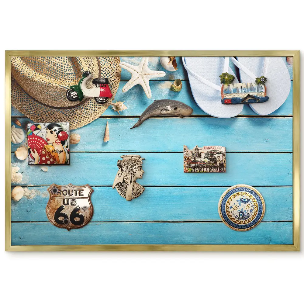 Panneau décoratif pour aimants souvenirs avec motif estival chapeau et coquillages