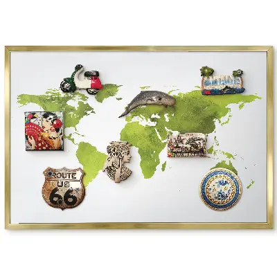 Tableau magnétique encadré carte du monde esthétique aquarelle verte