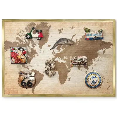 Panneau pour aimants souvenirs motif carte du monde vintage marron
