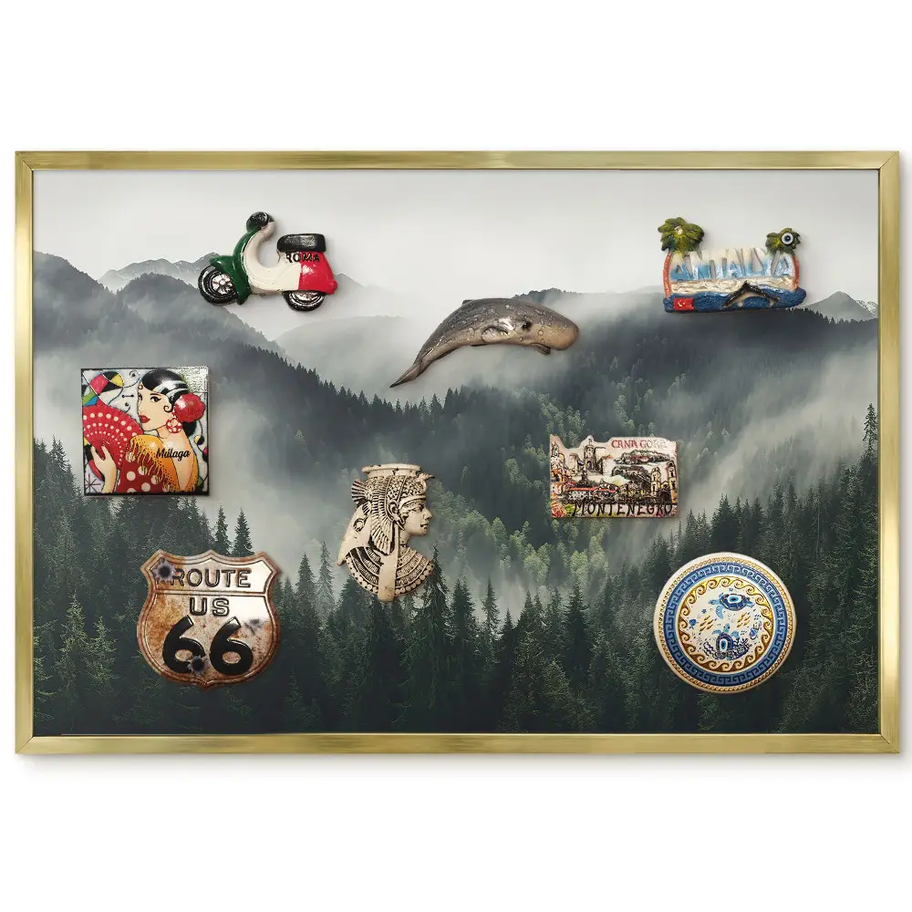 Tableau magnétique encadré Paysage brumeux de montagnes et de forêts