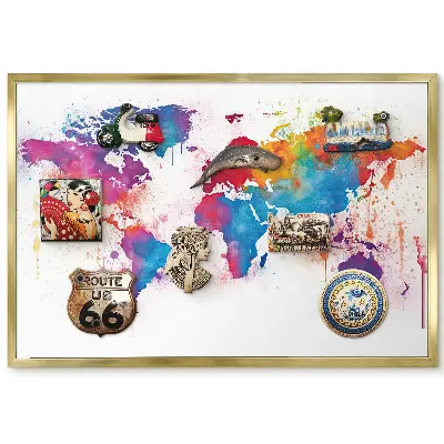 Tableau magnétique encadré carte du monde à l'aquarelle