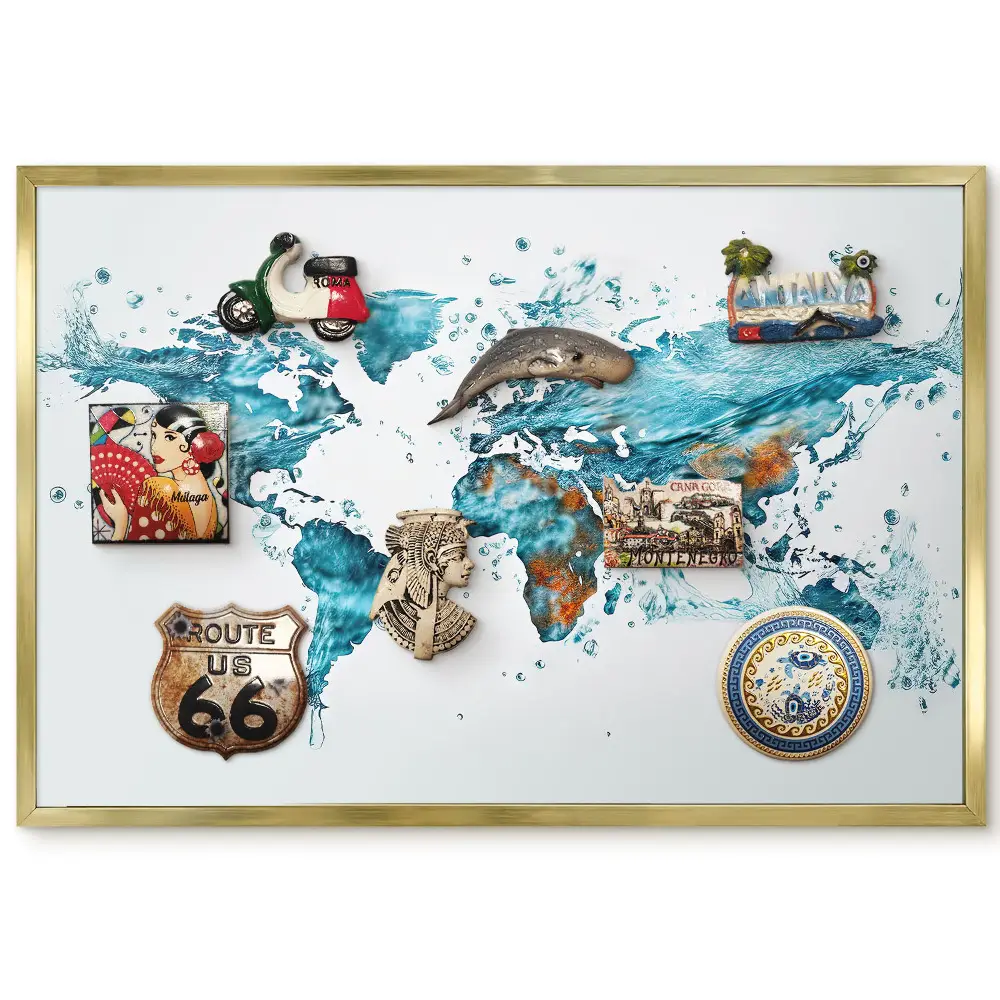 Tableau magnétique encadré Carte du monde texture eau turquoise