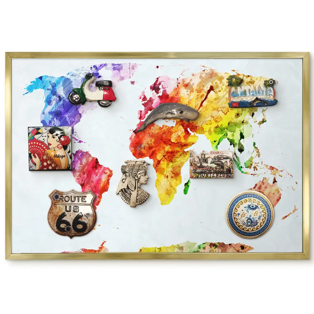 Panneau pour aimants souvenirs carte du monde colorée à l'aquarelle