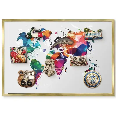 Tableau magnétique carte du monde géométrique colorée avec cadre