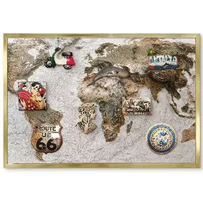 Panneau pour aimants souvenirs carte du monde en relief aux couleurs terreuses