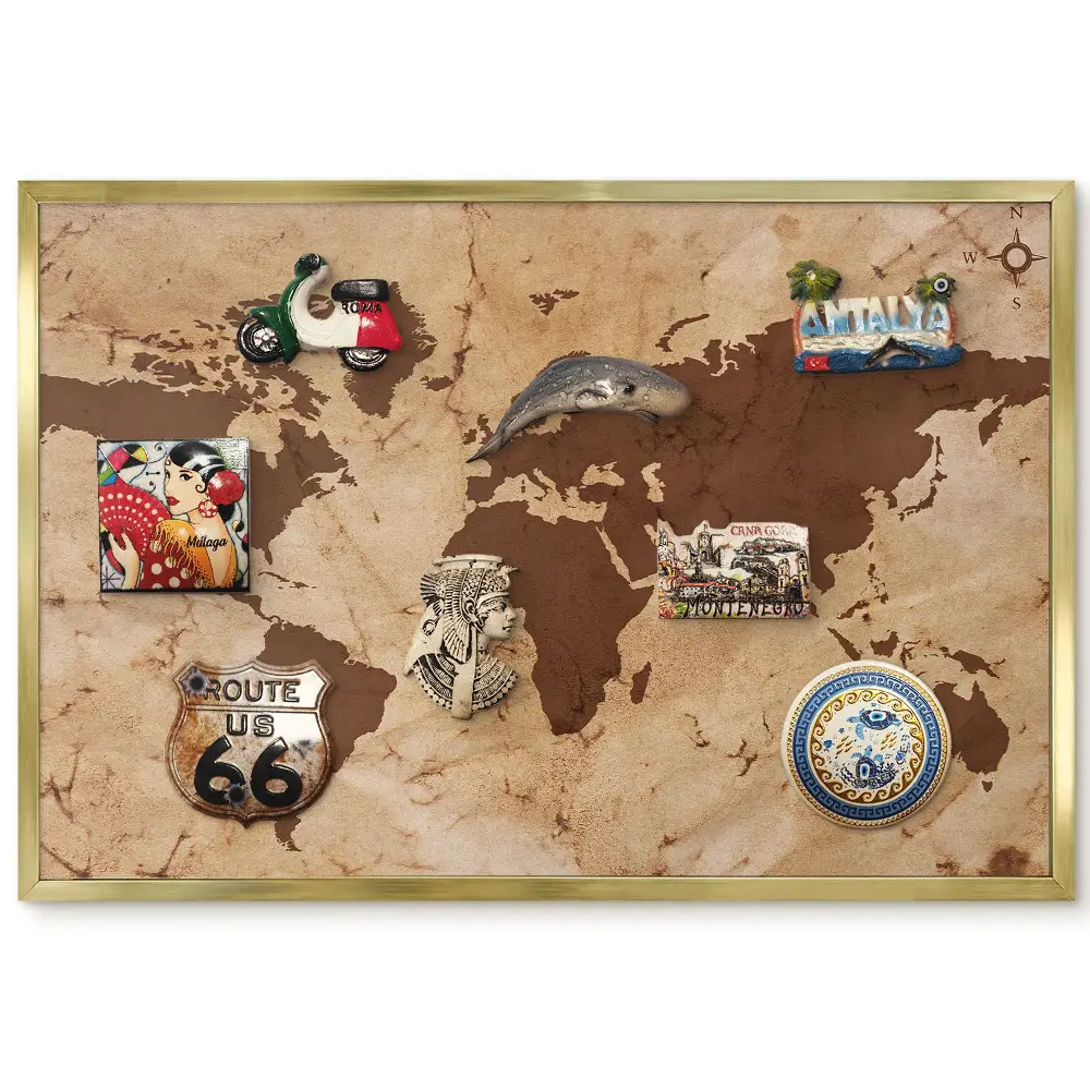 Panneau décoratif pour aimants souvenirs avec carte du monde dans des tons beige et marron