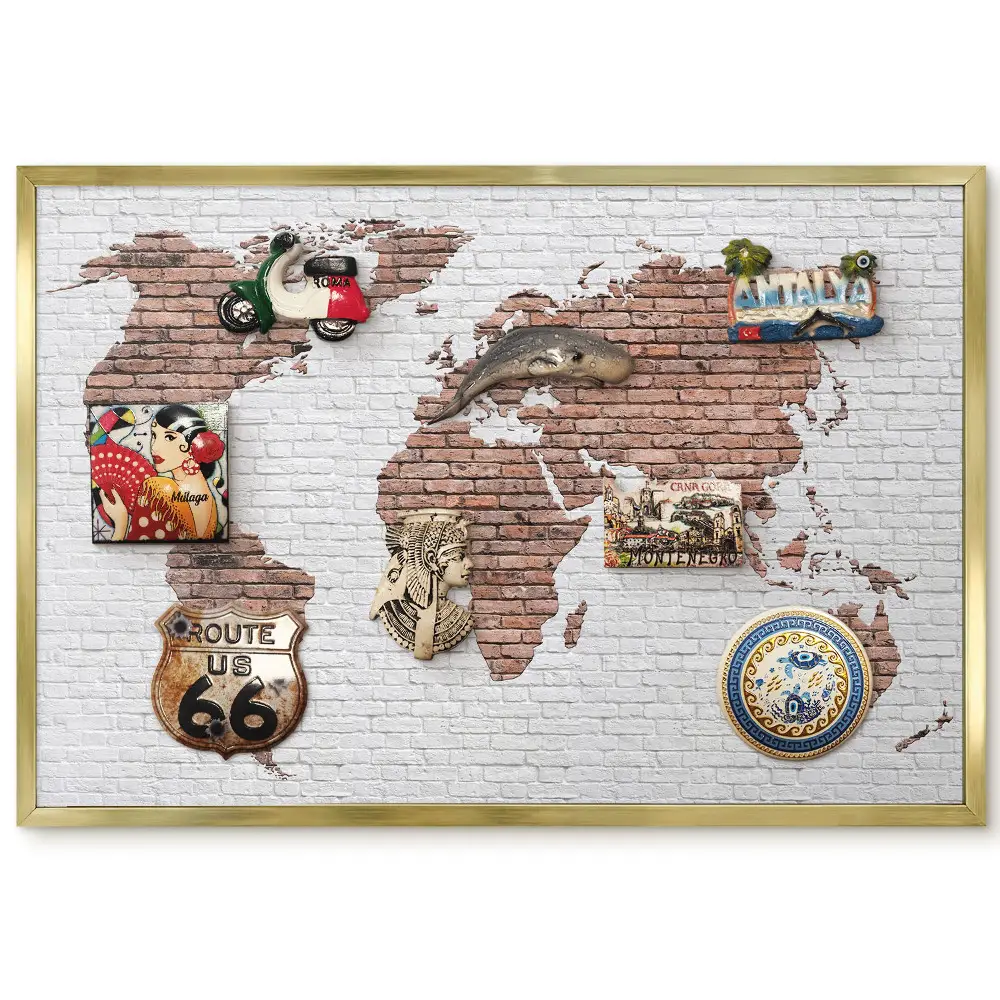 Tableau magnétique Carte du monde encadré sur fond de mur de briques