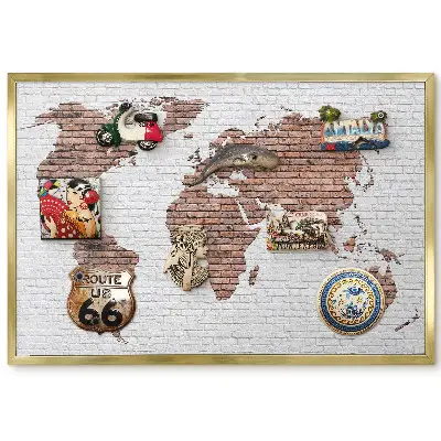 Tableau magnétique Carte du monde encadré sur fond de mur de briques