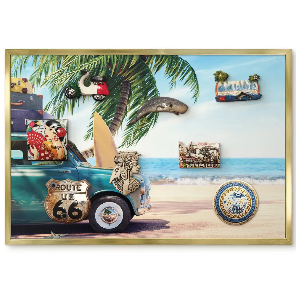 Tableau magnétique encadré motif plage voiture palmiers et mer