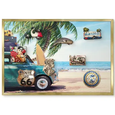 Tableau magnétique encadré motif plage voiture palmiers et mer