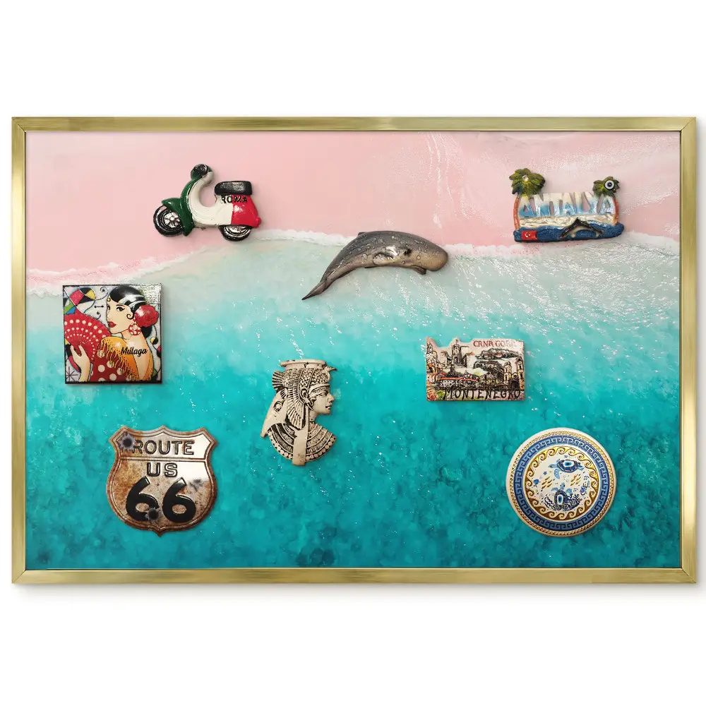 Tableau magnétique encadré Sable rose et vagues turquoise atmosphère idyllique