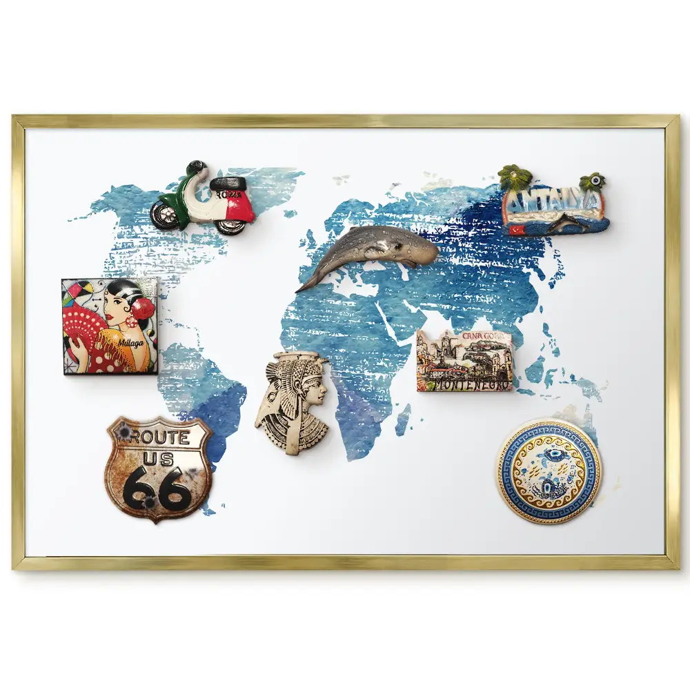 Panneau pour aimants souvenirs carte du monde aquarelle bleue