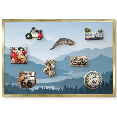 Panneau décoratif pour aimants souvenirs motif montagnes et forêts aux tons bleus