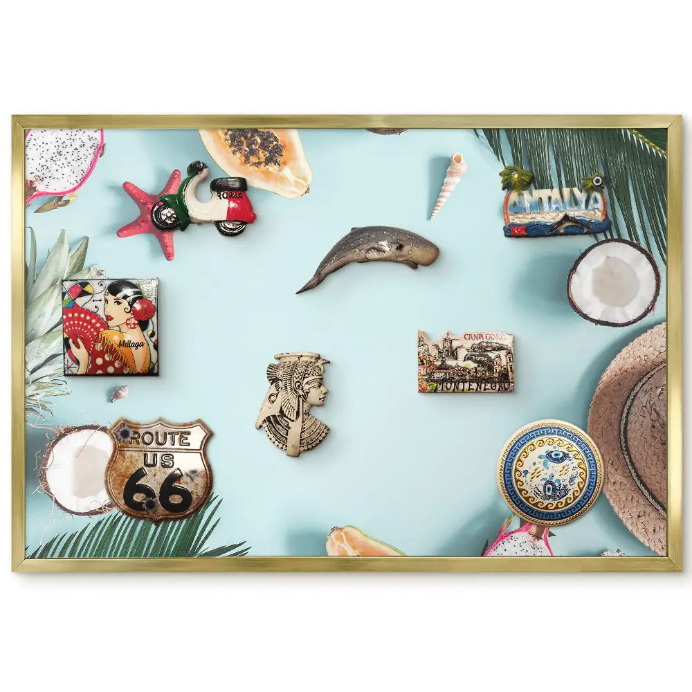 Tableau magnétique encadré Fruits et coquillages sur fond pastel