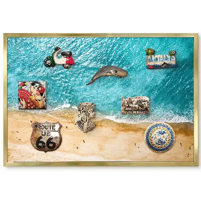 Panneau pour aimants souvenirs avec motif de plage de sable et vagues turquoise