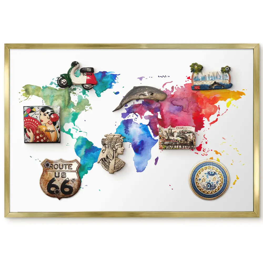 Tableau magnétique encadré carte du monde colorée à l'aquarelle