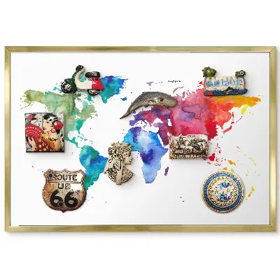 Tableau magnétique encadré carte du monde colorée à l'aquarelle