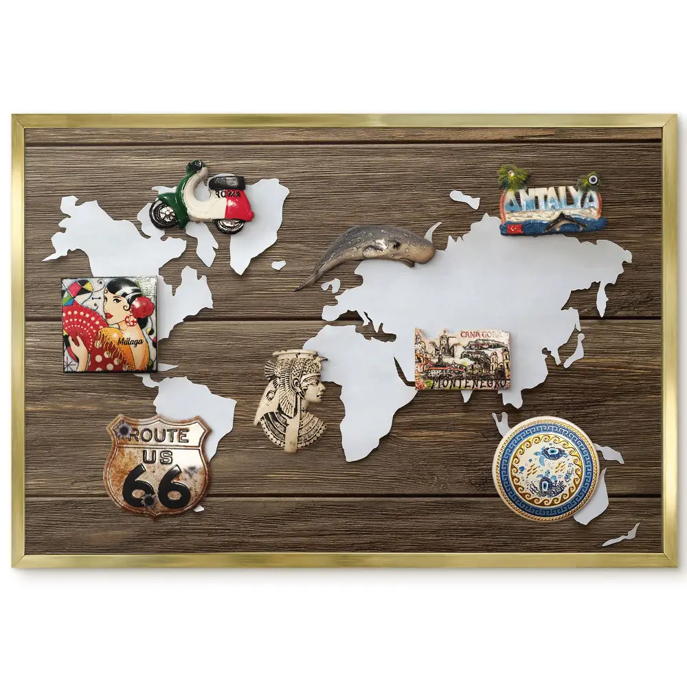 Panneau magnétique décoratif Carte du monde en bois avec contraste blanc chaud