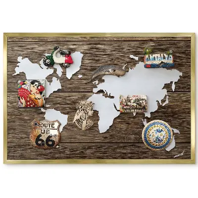 Panneau magnétique décoratif Carte du monde en bois avec contraste blanc chaud