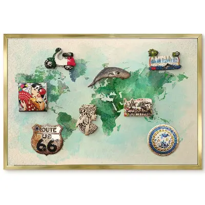 Tableau magnétique encadré Carte du monde aquarelle tons de vert
