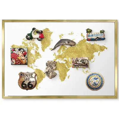 Tableau magnétique encadré Carte du monde jaune sur fond blanc