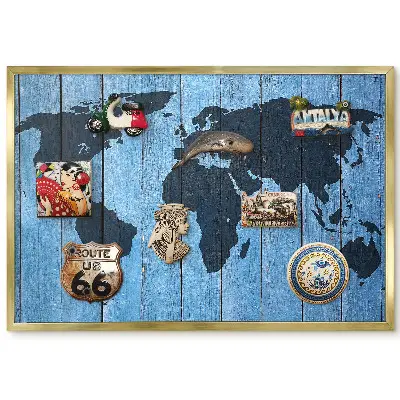 Panneau pour aimants souvenirs carte du monde sur fond en bois