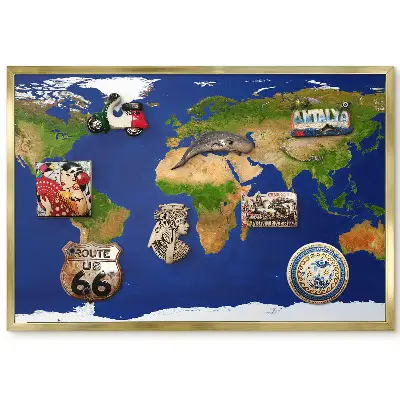 Tableau magnétique encadré carte du monde avec océan bleu