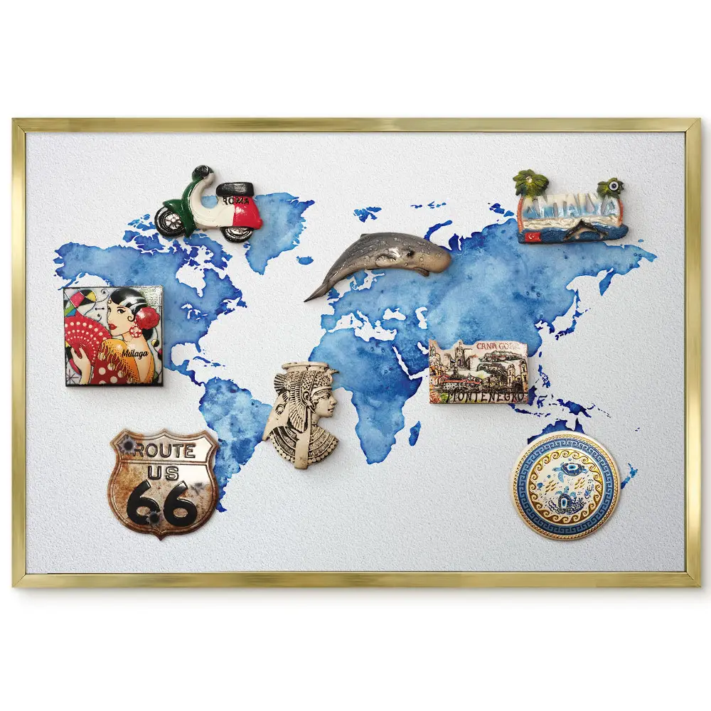 Panneau pour aimants souvenirs carte du monde aquarelle bleue